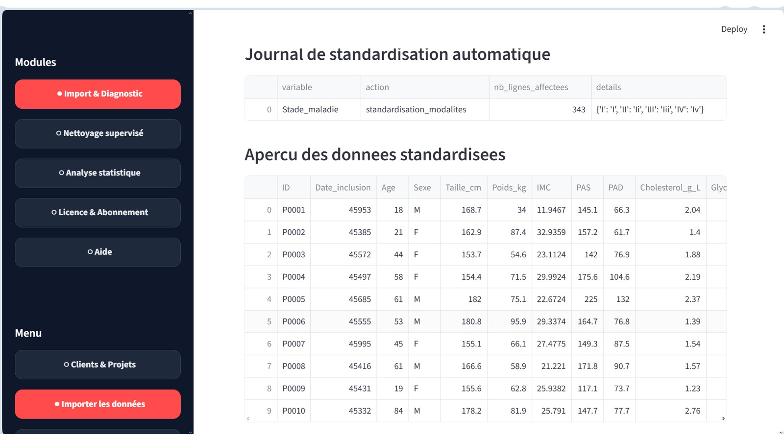 Standardisation et aperçu des données dans STIN DataLab